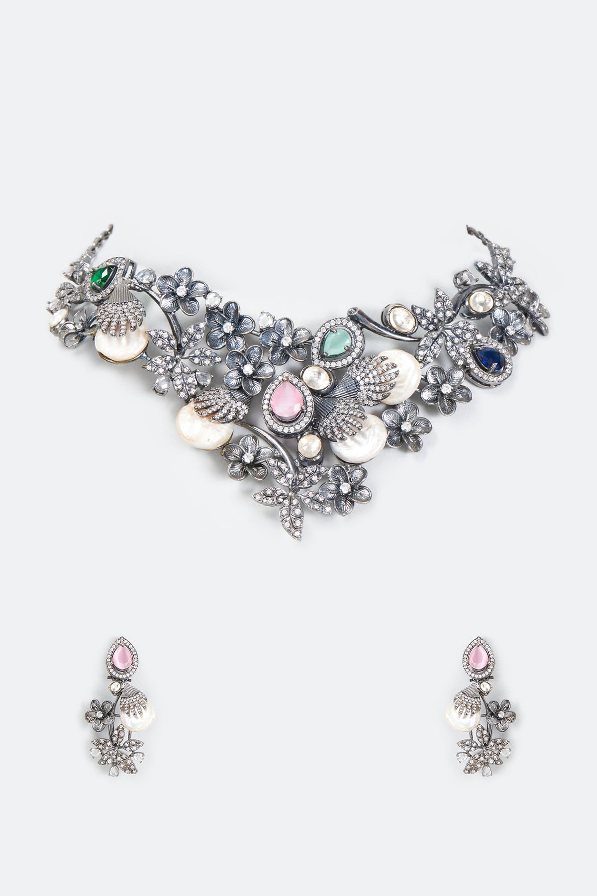 Black Rhodium Finish Imitation Polki Necklace Set
