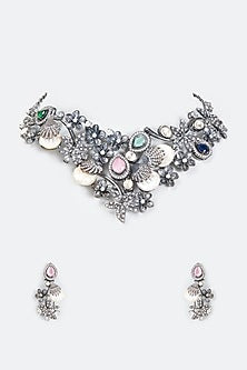 Black Rhodium Finish Imitation Polki Necklace Set