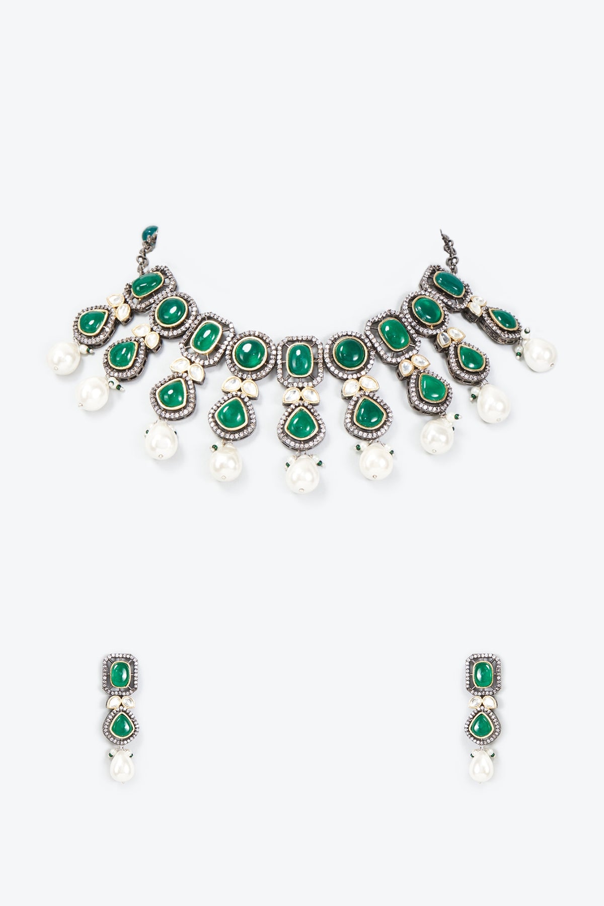 Two Tone Finish Synthetic Emerald Necklace Set