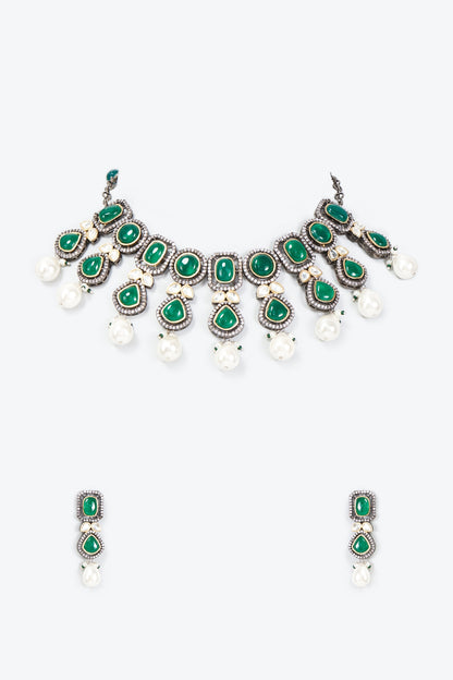 Two Tone Finish Synthetic Emerald Necklace Set