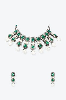 Two Tone Finish Synthetic Emerald Necklace Set