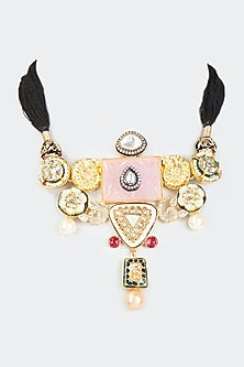 Gold Finish Meenakari Necklace With Semi Precious Stones