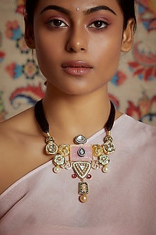 Gold Finish Meenakari Necklace With Semi Precious Stones