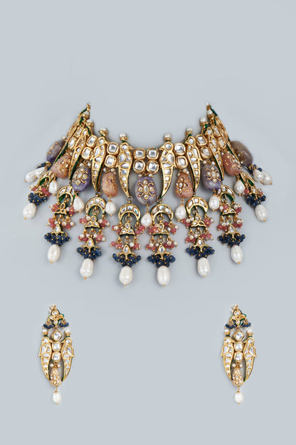 Gold Finish Kundan Polki Necklace Set