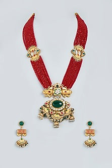 Gold Finish Long Necklace With Red Crystal Beads