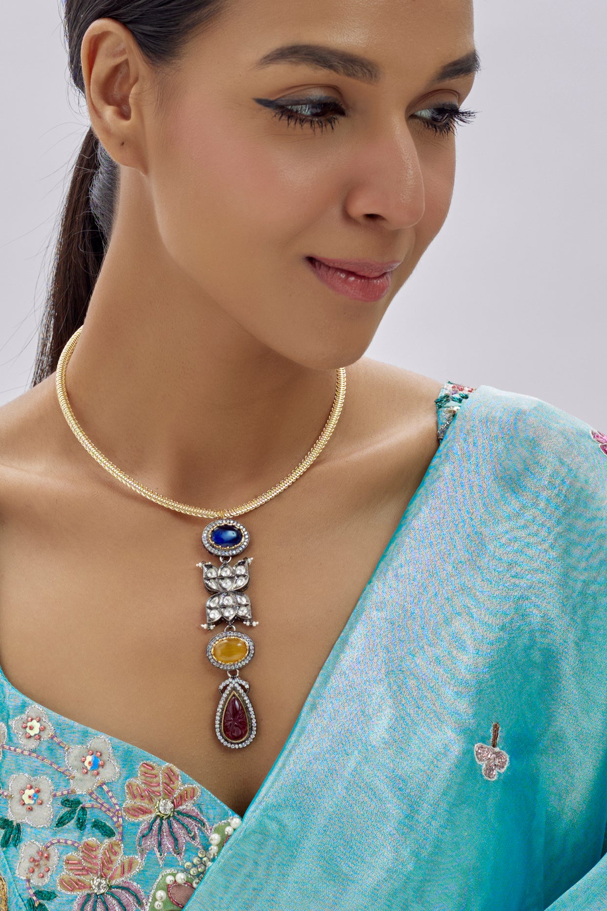 Gold Finish Kundan Polki & Semi-Precious Stone Necklace