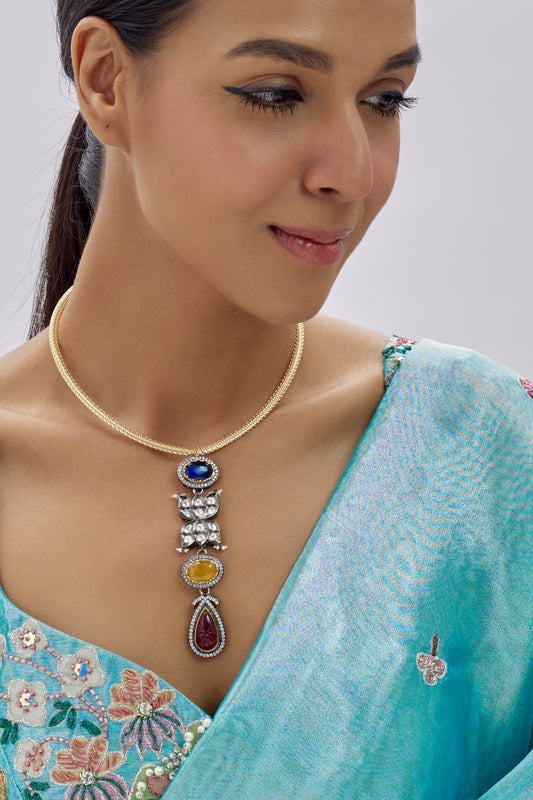 Gold Finish Kundan Polki & Semi-Precious Stone Necklace