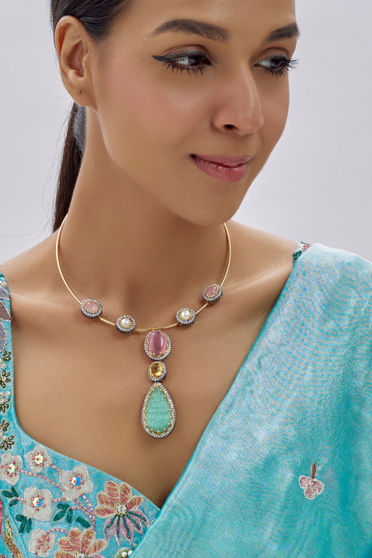 Gold Finish Kundan Polki & Semi-Precious Stone Necklace