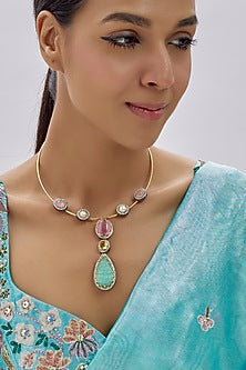 Gold Finish Kundan Polki & Semi-Precious Stone Necklace