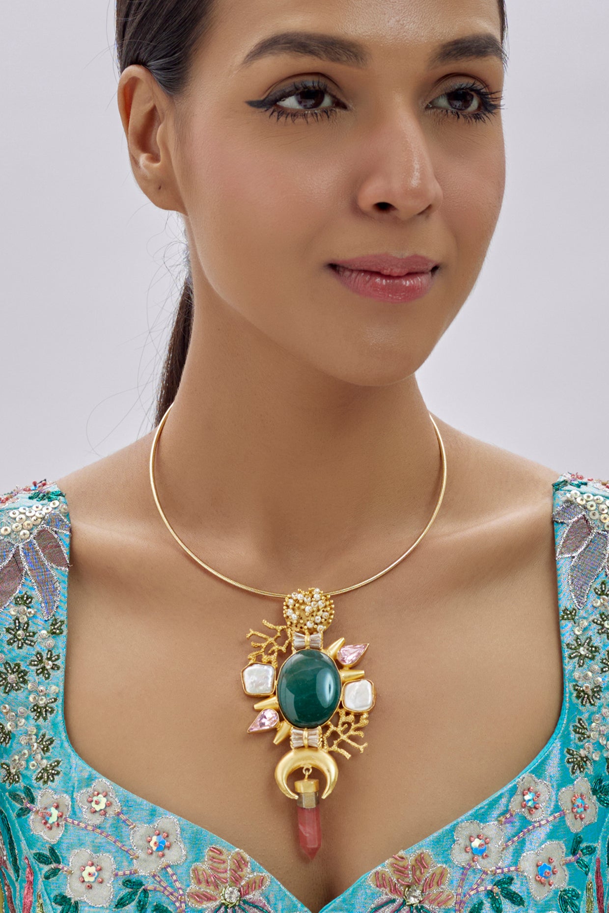Gold Finish Kundan Polki & Semi-Precious Stone Necklace