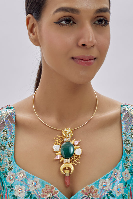 Gold Finish Kundan Polki & Semi-Precious Stone Necklace