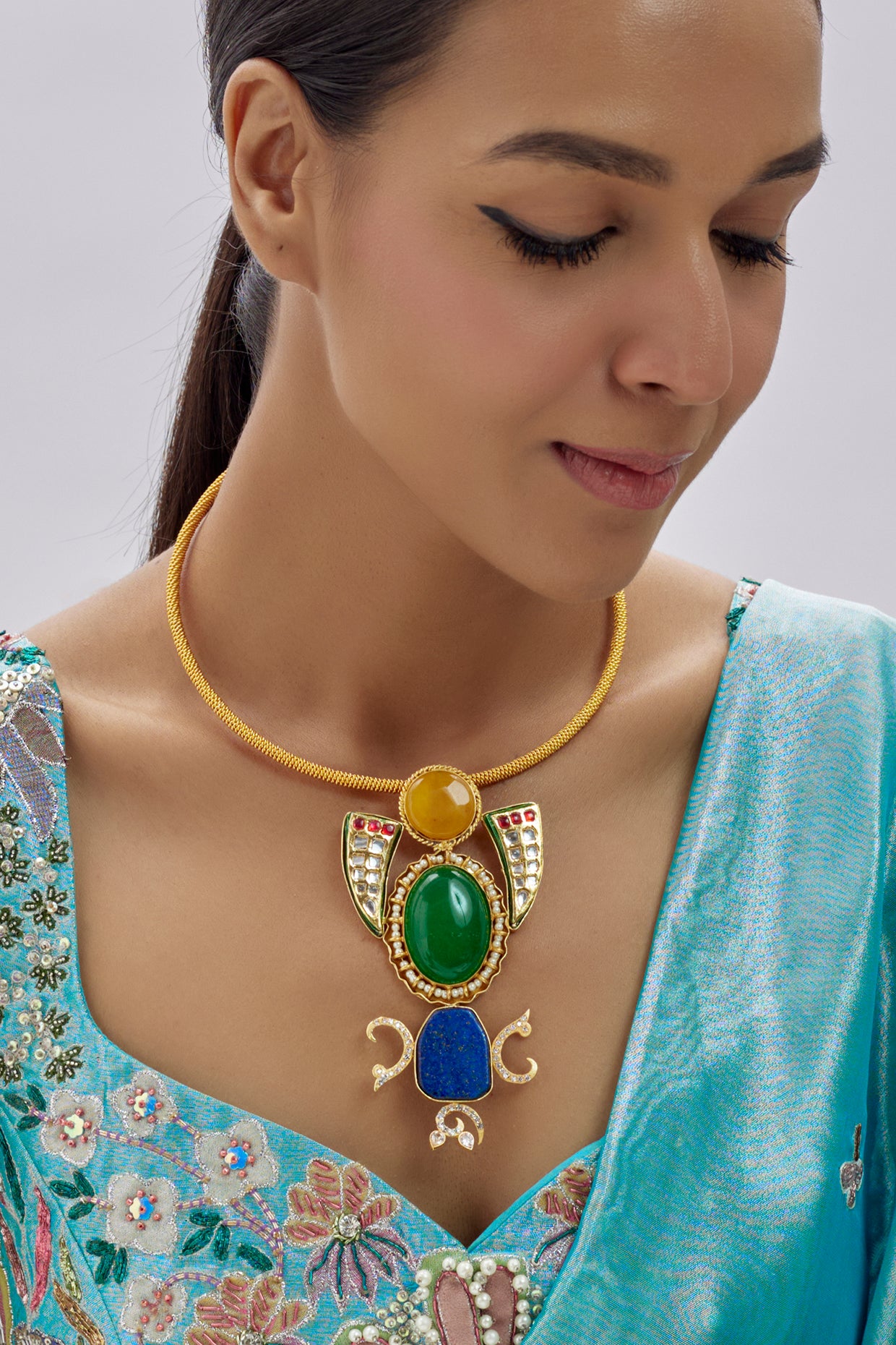 Gold Finish Kundan Polki & Semi-Precious Stone Necklace
