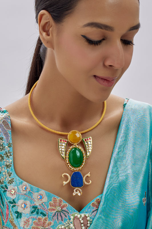 Gold Finish Kundan Polki & Semi-Precious Stone Necklace