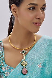 Gold Finish Kundan Polki & Semi-Precious Stone Necklace