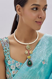Gold Finish Kundan Polki & Semi-Precious Stone Necklace