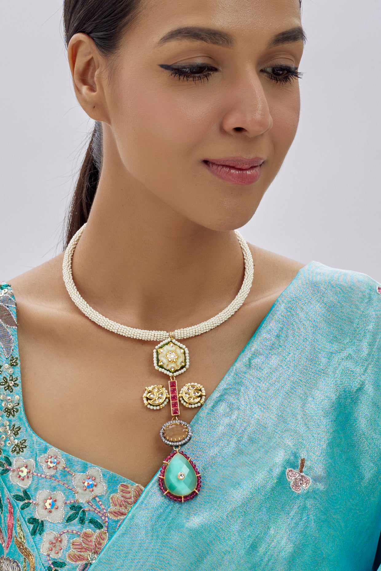 Gold Finish Kundan Polki & Semi-Precious Stone Necklace