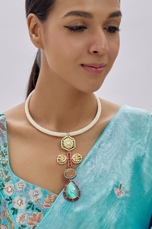 Gold Finish Kundan Polki & Semi-Precious Stone Necklace