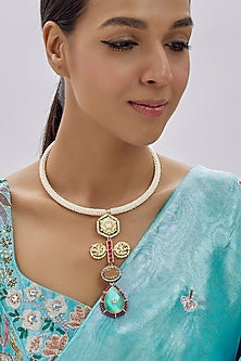 Gold Finish Kundan Polki & Semi-Precious Stone Necklace