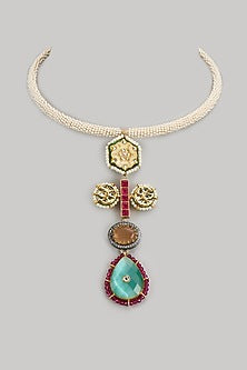 Gold Finish Kundan Polki & Semi-Precious Stone Necklace