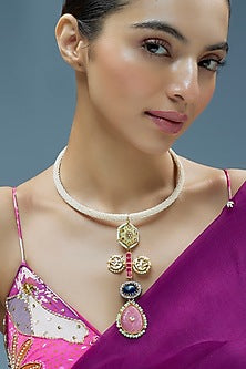 Gold Finish Kundan Polki & Semi-Precious Stone Necklace