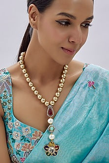 Gold Finish Kundan Polki & Semi-Precious Stone Long Necklace