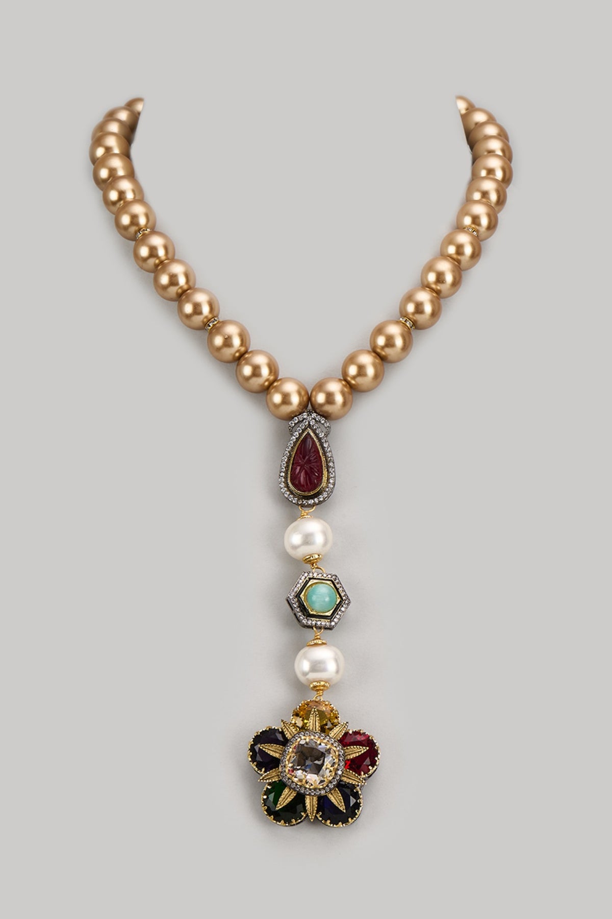 Gold Finish Kundan Polki & Semi-Precious Stone Long Necklace