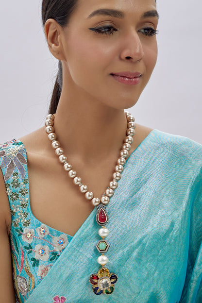 Gold Finish Kundan Polki & Semi-Precious Stone Long Necklace