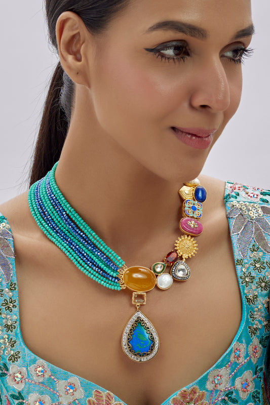 Gold Finish Kundan Polki & Semi-Precious Stone Necklace