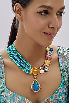 Gold Finish Kundan Polki & Semi-Precious Stone Necklace