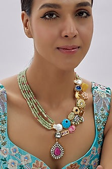 Gold Finish Kundan Polki & Semi-Precious Stone Necklace