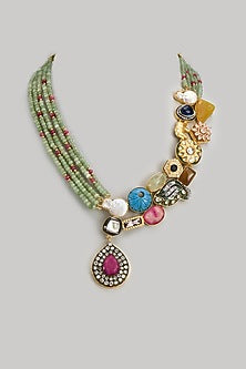 Gold Finish Kundan Polki & Semi-Precious Stone Necklace