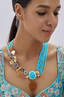 Gold Finish Kundan Polki & Semi-Precious Stone Necklace