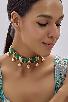 Gold Finish Kundan Polki & Semi-Precious Stone Choker Necklace