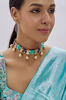 Gold Finish Kundan Polki & Semi-Precious Stone Choker Necklace