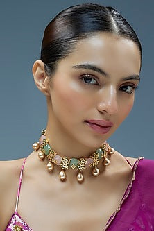 Gold Finish Kundan Polki & Semi-Precious Stone Choker Necklace