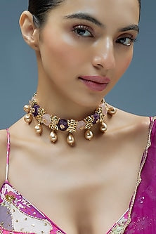Gold Finish Kundan Polki & Semi-Precious Stone Choker Necklace