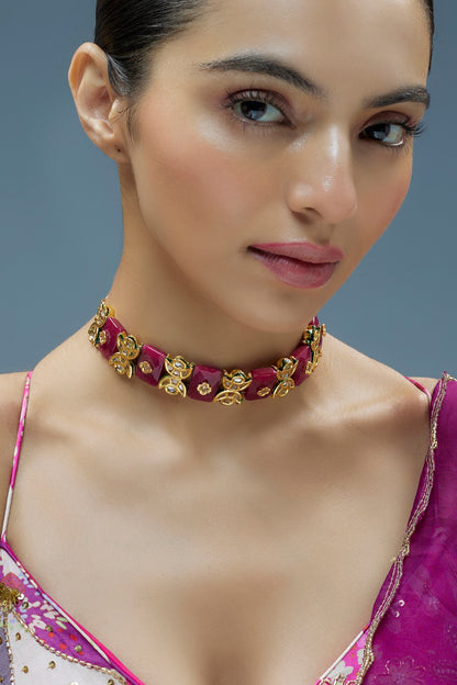 Gold Finish Kundan Polki & Semi-Precious Stone Choker Necklace