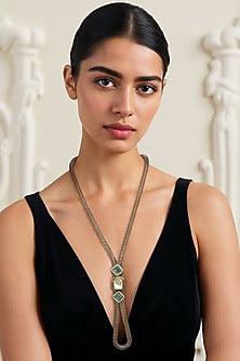 Two Tone Finish Green Semi-Precious Stone Long Necklace