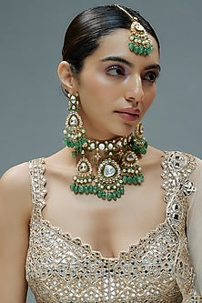 Gold Finish Kundan Polki & Green Semi-Precious Stone Necklace Set