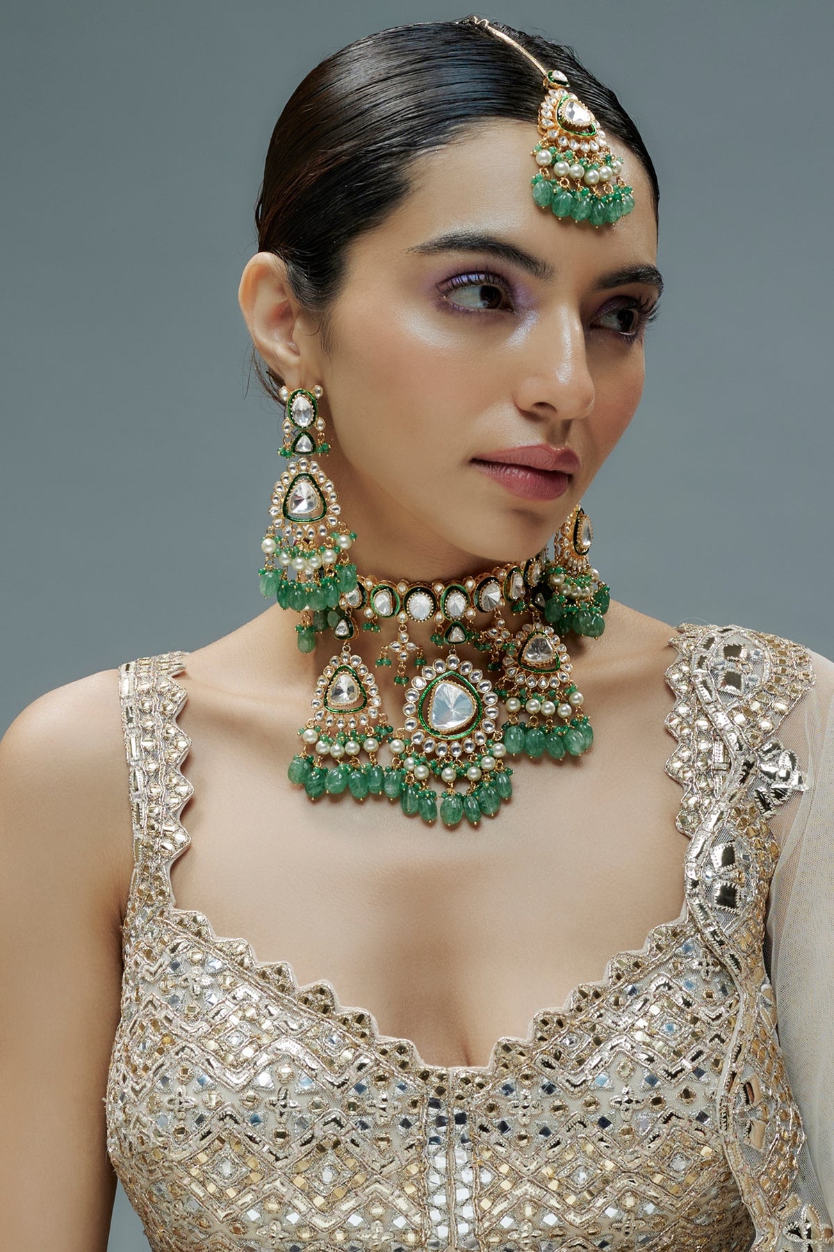 Gold Finish Kundan Polki & Green Semi-Precious Stone Necklace Set