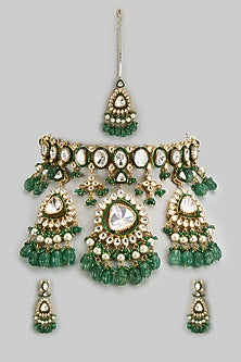Gold Finish Kundan Polki & Green Semi-Precious Stone Necklace Set