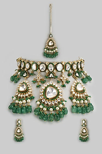 Gold Finish Kundan Polki & Green Semi-Precious Stone Necklace Set