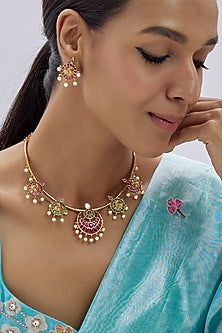 Gold Finish Kundan Polki & Semi-Precious Stone Necklace Set