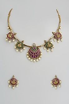 Gold Finish Kundan Polki & Semi-Precious Stone Necklace Set