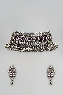 Oxidised Silver Finish Imitation Kundan Polki Necklace Set