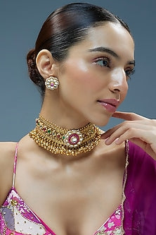 Gold Finish Imitation Kundan Polki & Semi-Precious Stone Necklace Set