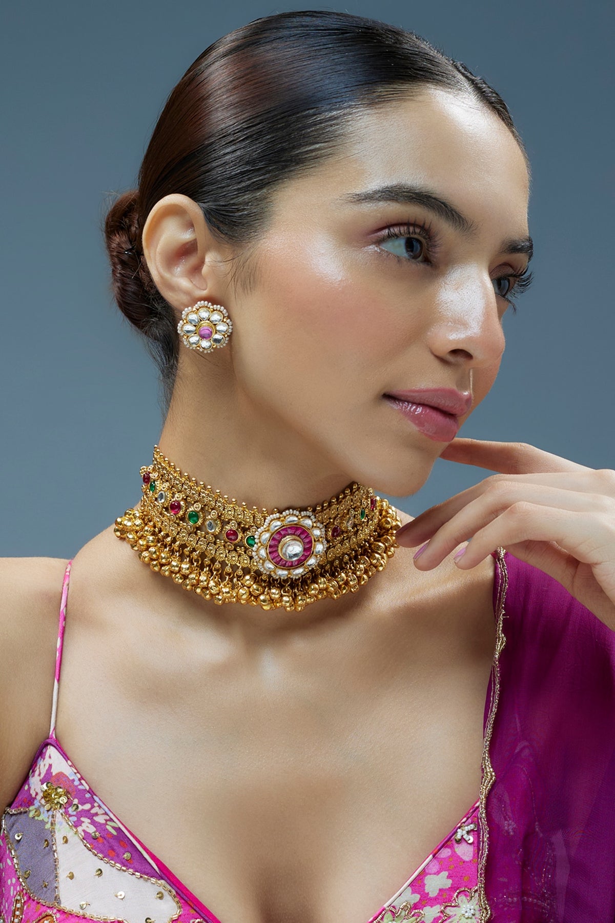 Gold Finish Imitation Kundan Polki & Semi-Precious Stone Necklace Set