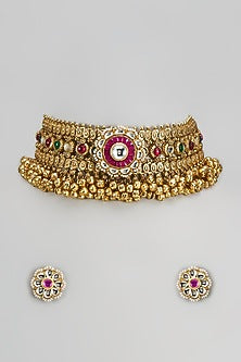 Gold Finish Imitation Kundan Polki & Semi-Precious Stone Necklace Set