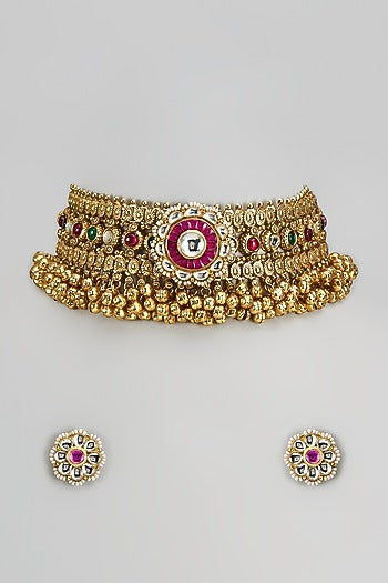 Gold Finish Imitation Kundan Polki & Semi-Precious Stone Necklace Set