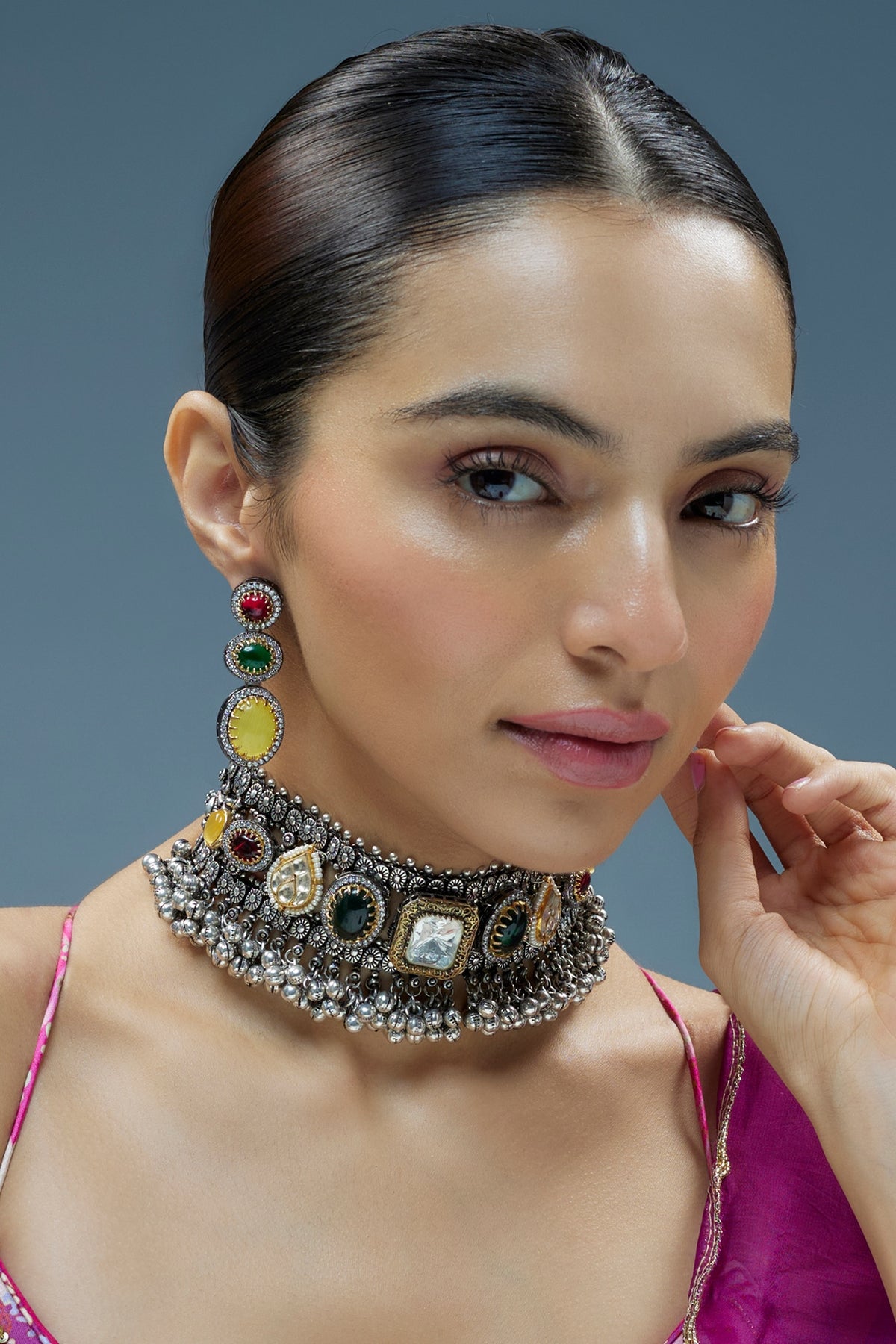 Oxidised Silver Finish Imitation Kundan Polki Necklace Set